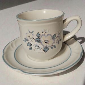 Vtg Ashberry Country Ware Tea Coffee Cup Saucer Blue Rim Stoneware Oven Proof